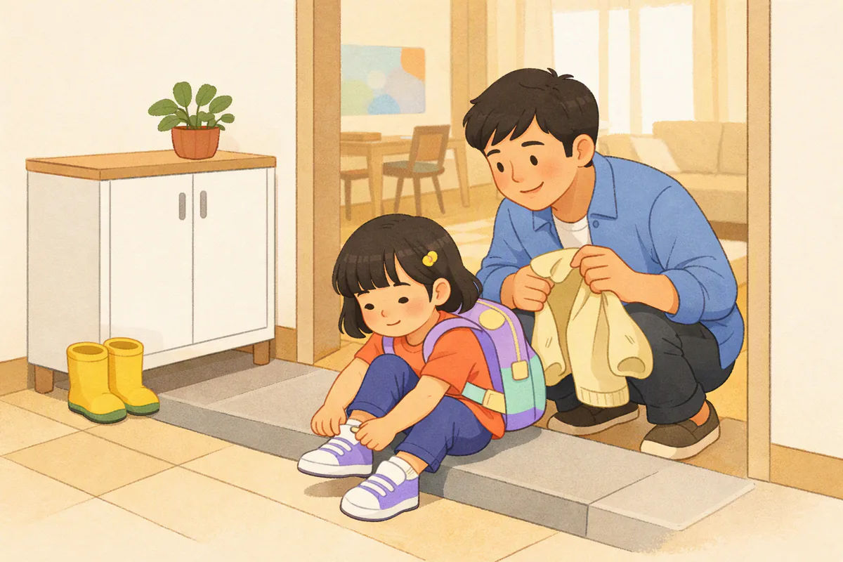 아침 현관에서 유치원 가방을 멘 아이가 신발을 신고, 아빠가 옆에 쪼그려 앉아 웃으며 지켜보고 있다