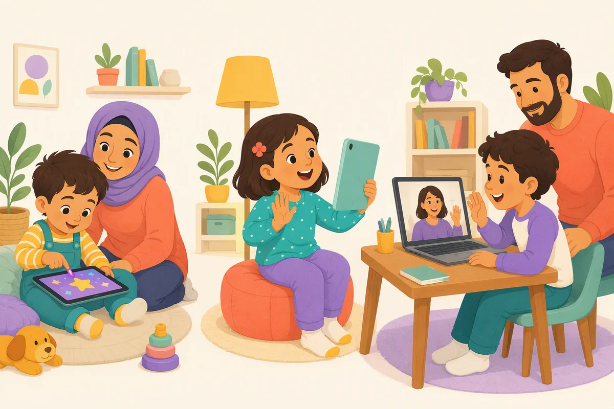 Üç ayrı çalışma anı yan yana: tablette oyun oynayan küçük çocuk, tablete doğru konuşan çocuk ve dizüstünde video dersindeki çocuk