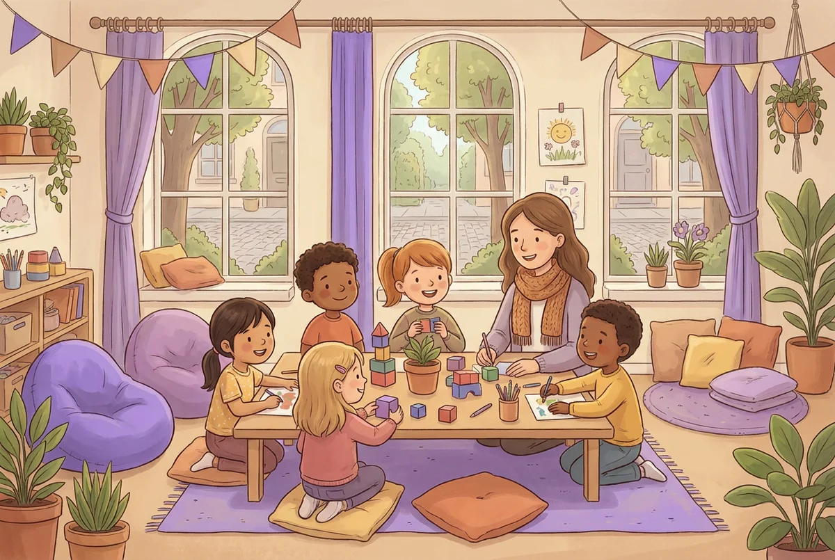 Een juf met een groep basisschoolkinderen in een kleurrijk klaslokaal tijdens een Engelse les