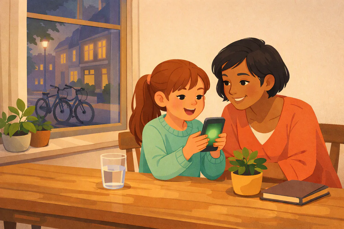 Een moeder en haar dochter van negen zitten aan de eettafel naast elkaar met een telefoon; het meisje zegt hardop een zin terwijl haar moeder meeleest