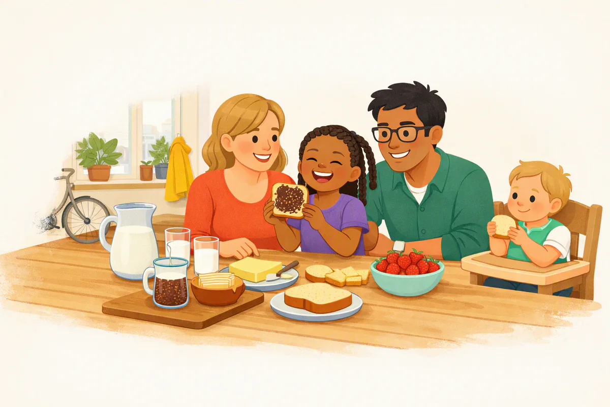 Een gezin ontbijt samen aan de keukentafel met brood, kaas, hagelslag en melk; een meisje houdt haar boterham omhoog