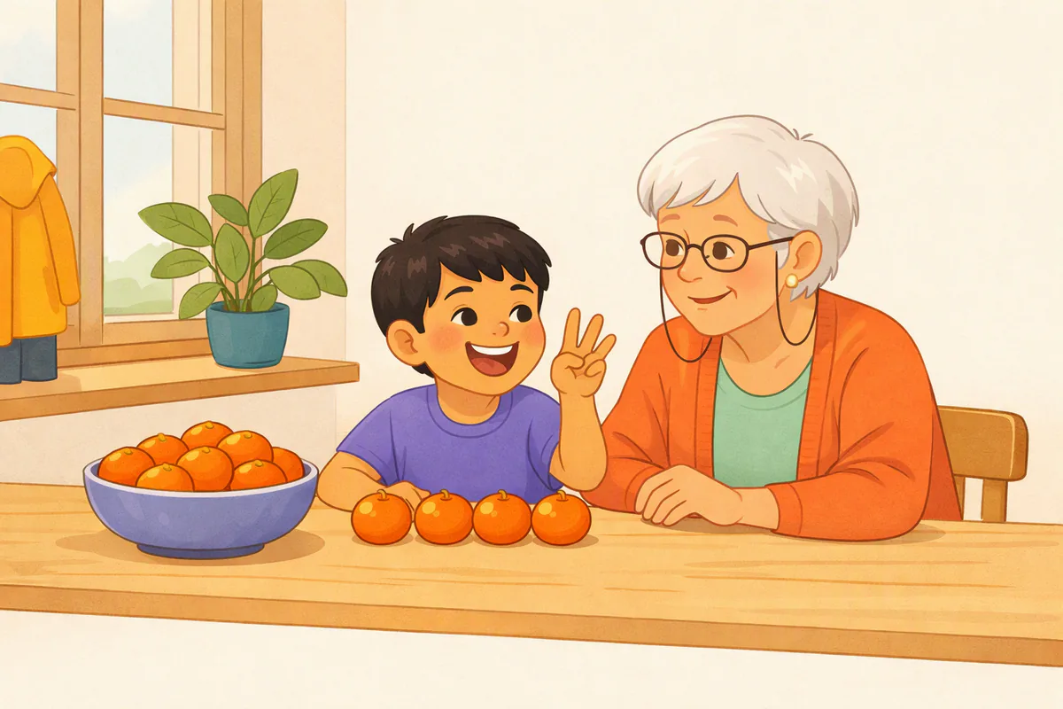 Een jongen van zes telt aan de keukentafel mandarijnen met zijn oma en steekt drie vingers op