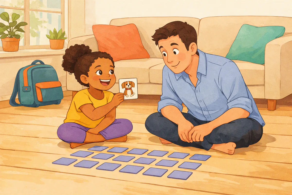 Een meisje van zeven speelt met haar vader op de vloer memory met plaatjeskaarten en draait een kaart met een hond om