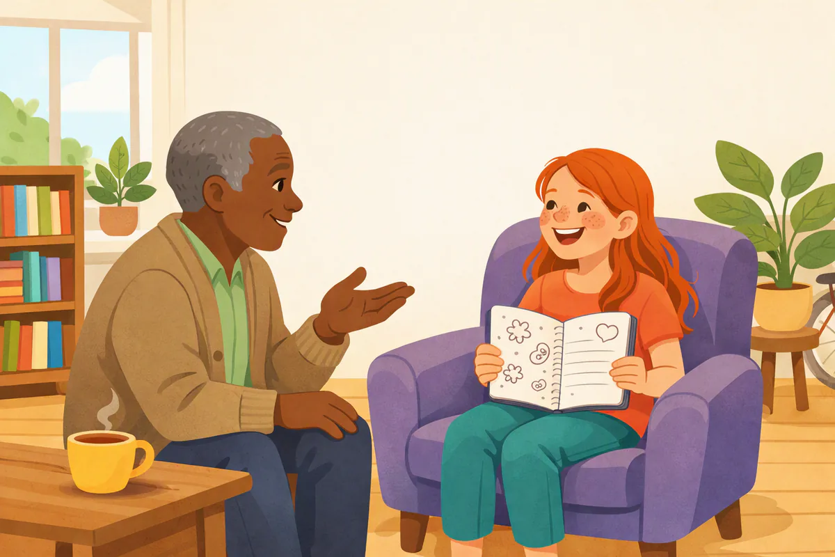 Een meisje van een jaar of elf oefent in de woonkamer een Engels gesprekje met haar opa; ze houdt een schrift vast en lacht