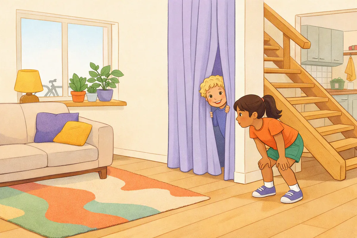 Een jongen verstopt zich lachend achter het gordijn in de woonkamer, zijn zus zoekt hem bij de trap
