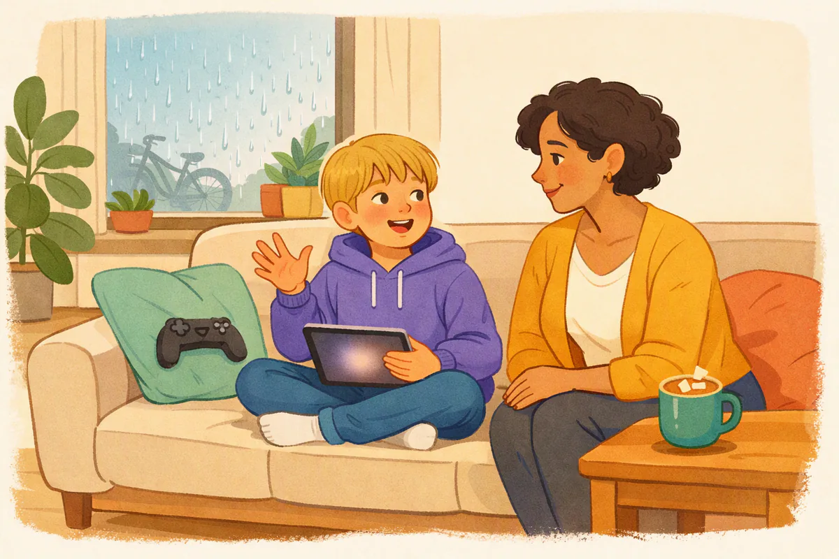 Een jongen van negen op de bank zet een filmpje op de tablet stil en vertelt enthousiast iets aan zijn moeder, die naast hem zit en aandachtig luistert