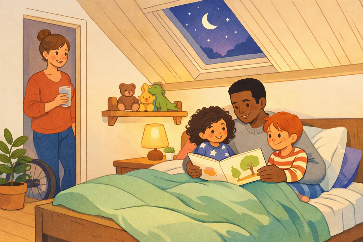 Een vader leest zijn twee jonge kinderen voor op bed onder een schuin dak, terwijl hun moeder glimlachend in de deuropening staat