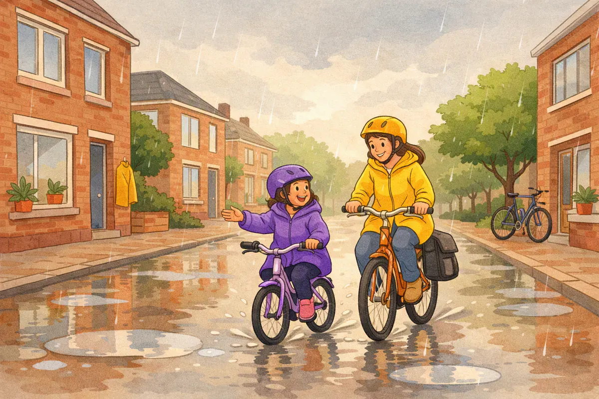 Een moeder en dochter in regenjassen fietsen door de regen; het meisje vangt druppels met haar hand