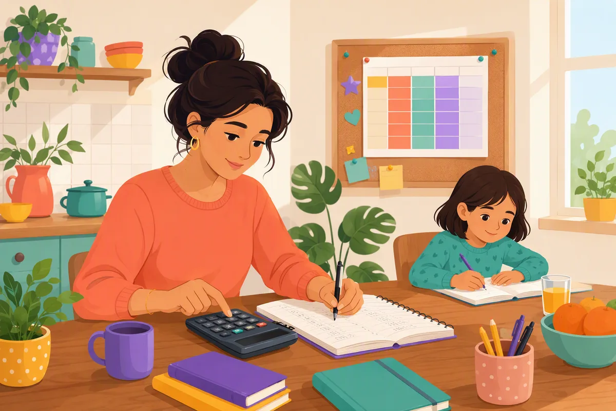 Mutfak masasında hesap makinesi ve not defteriyle yıllık ders bütçesini hesaplayan bir ebeveyn, yanında çocuğun ders programı