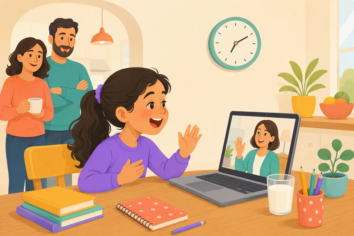 Sekiz yaşlarında bir çocuk mutfak masasında dizüstü bilgisayarda kısa bir video dersinde gülerek konuşuyor, yanında bir bardak süt