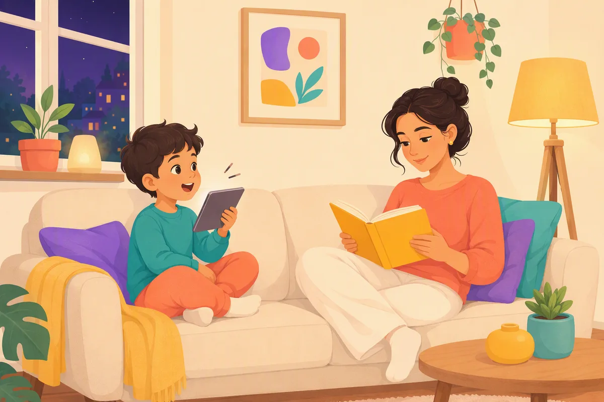 Akşam kanepede tabletle sesli olarak İngilizce tekrar yapan bir çocuk, yanında annesi kitap okuyor