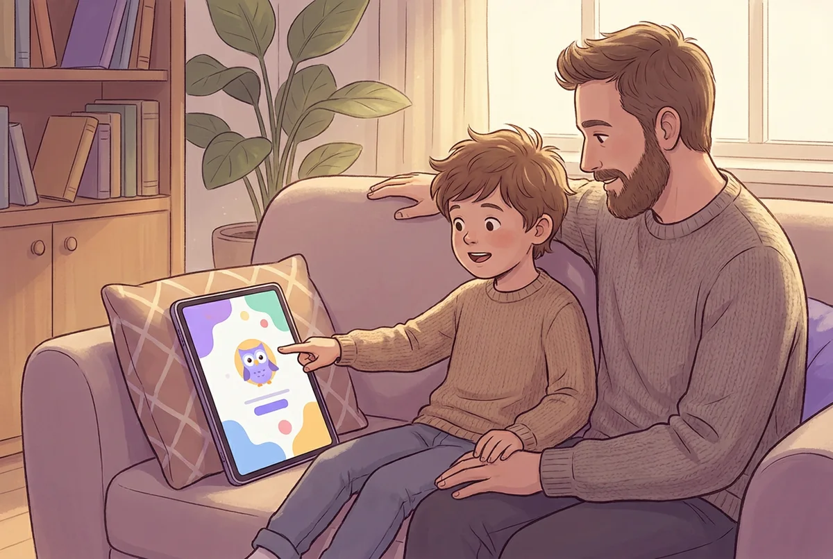 Rodzic i dziecko siedzą razem na kanapie, patrząc na tablet z kolorową aplikacją do nauki angielskiego