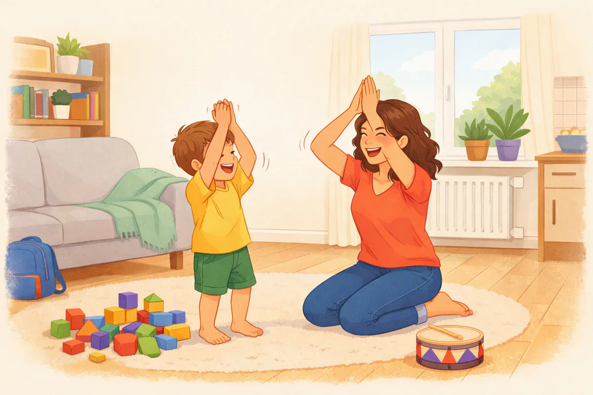 Mama i czteroletni syn tańczą w salonie, pokazując rękami słowa z angielskiej piosenki, obok leżą kolorowe klocki