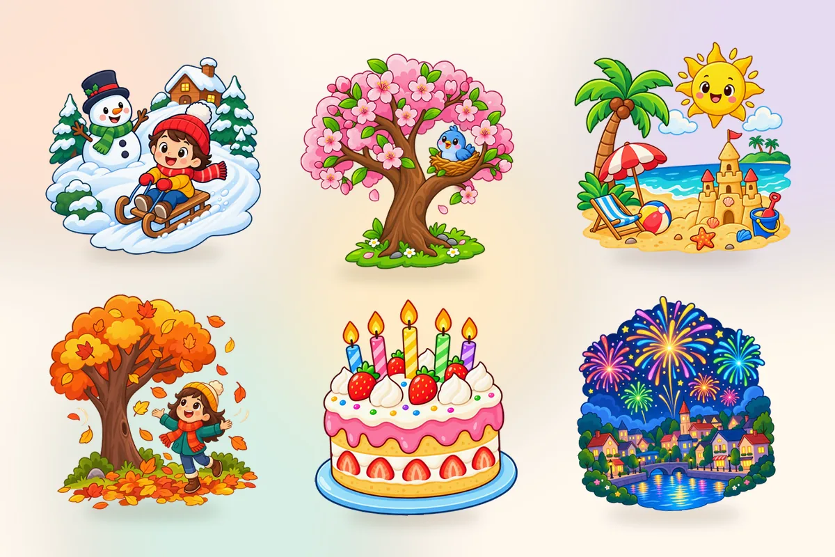 Obrazki z całego roku: zima, wiosna, lato, jesień, urodzinowy tort i noworoczne fajerwerki