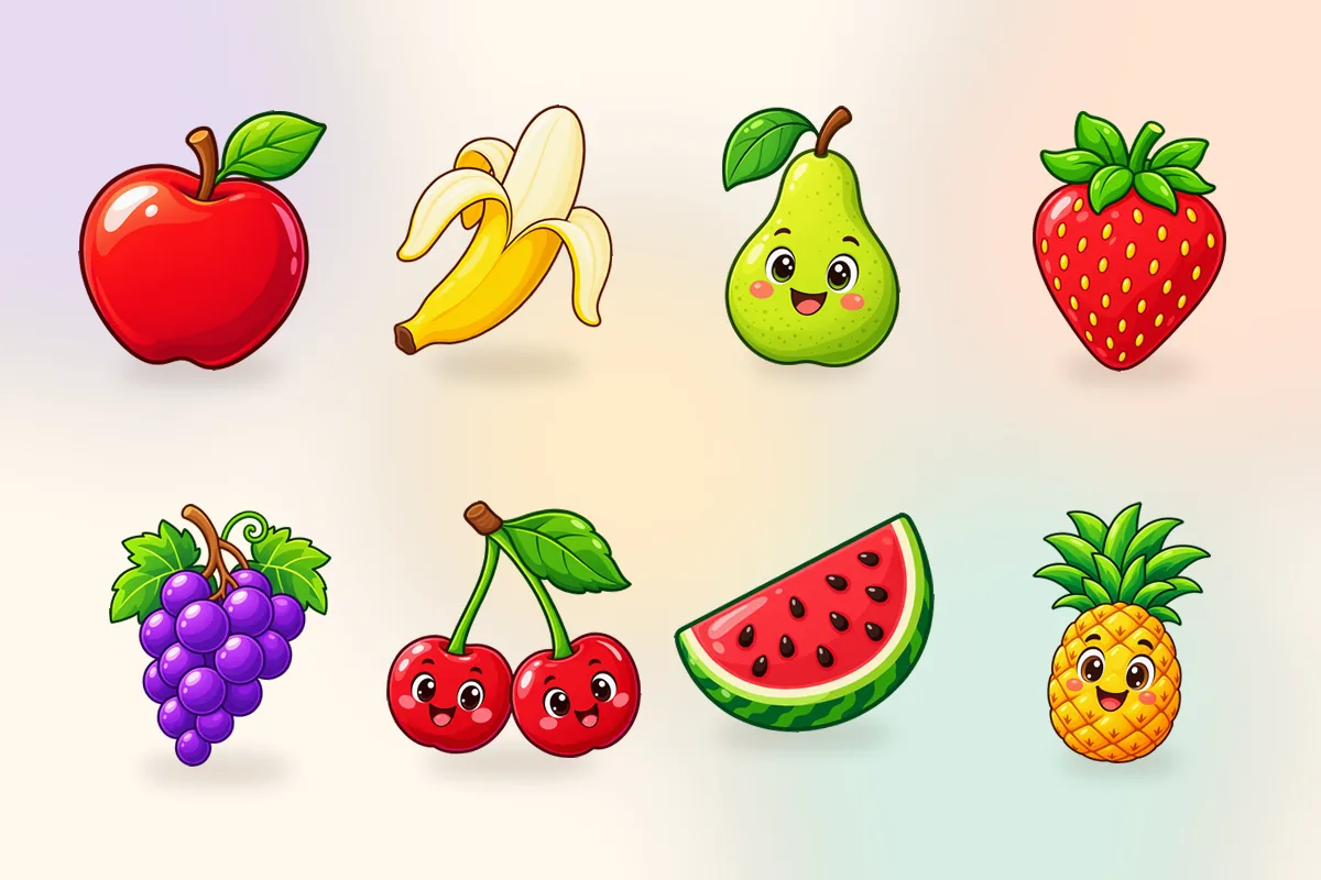 Obrazki owoców: jabłko, banan, gruszka, truskawka, winogrona, wiśnie, arbuz i ananas