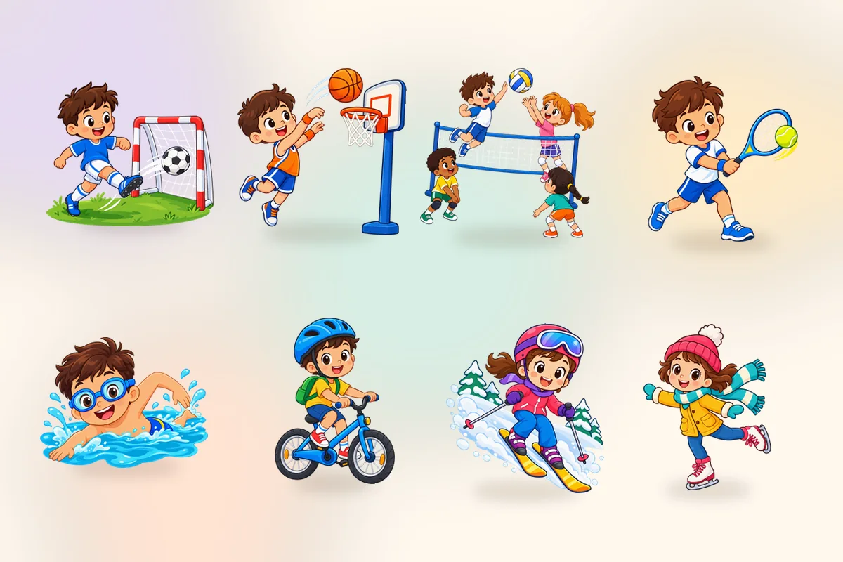 Obrazki sportów: piłka nożna, koszykówka, siatkówka, tenis, pływanie, rower, narty i łyżwy