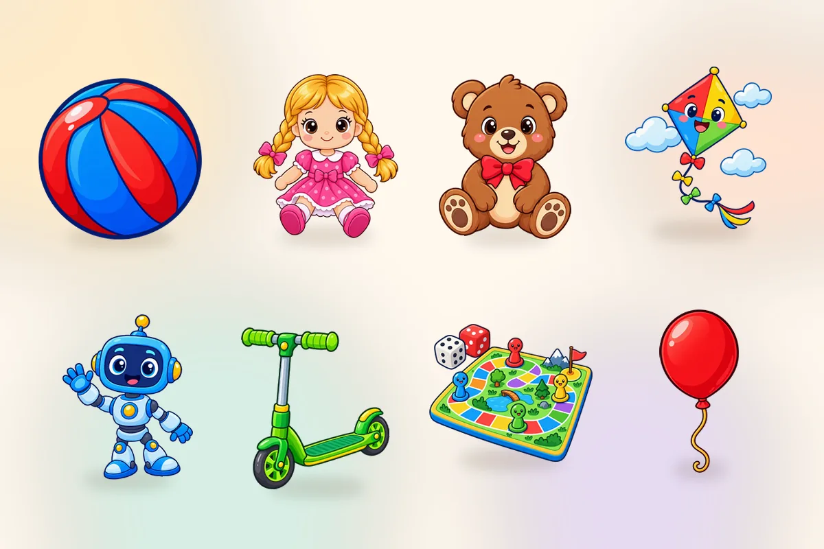 Obrazki zabawek: piłka, lalka, miś, latawiec, robot, hulajnoga, gra planszowa i balon