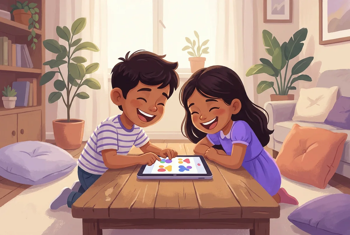 Irmãos brincando juntos com um jogo educativo no tablet, sorrindo na sala de casa