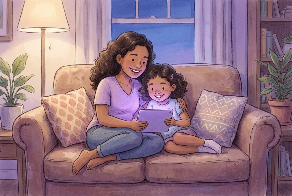 Mãe e filha sentadas juntas no sofá de casa olhando um tablet à noite, ambiente aconchegante