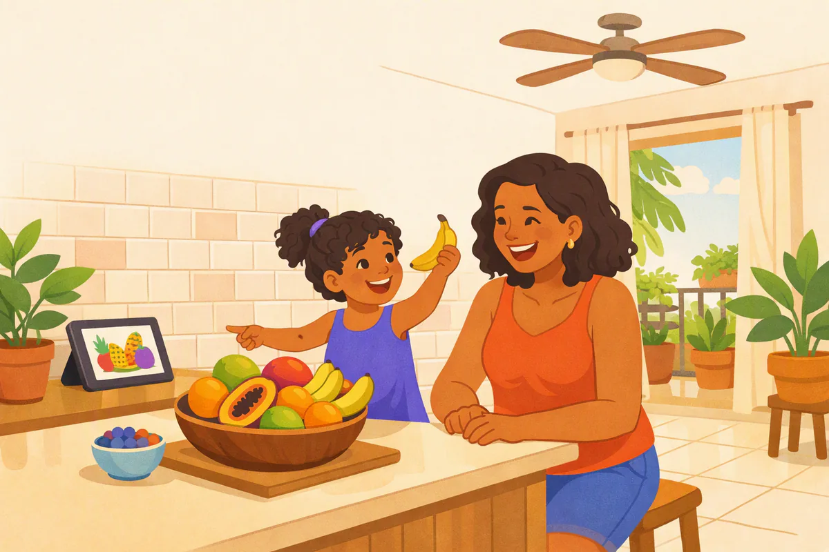 Mãe e filha de cinco anos na cozinha; a menina segura uma banana e aponta para uma tigela de frutas enquanto as duas riem