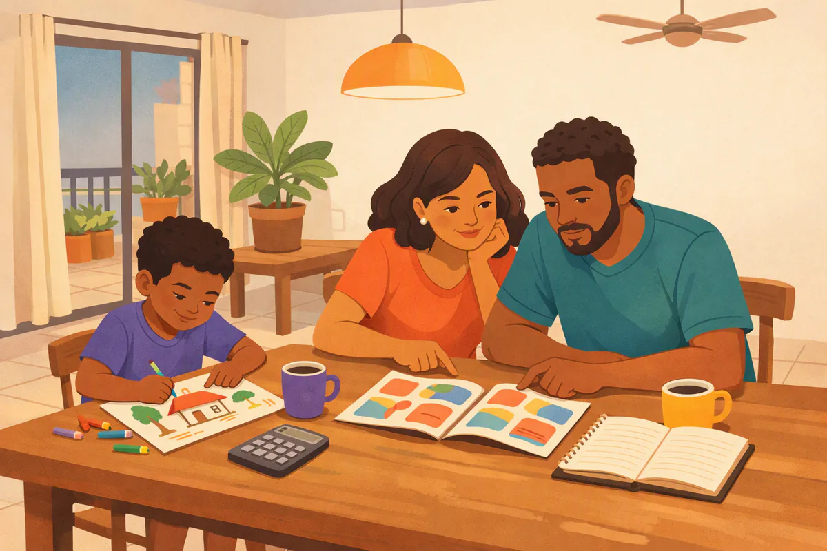 Mãe e pai na mesa da cozinha comparando folhetos de cursos com uma calculadora e um caderno, enquanto o filho de sete anos desenha ao lado