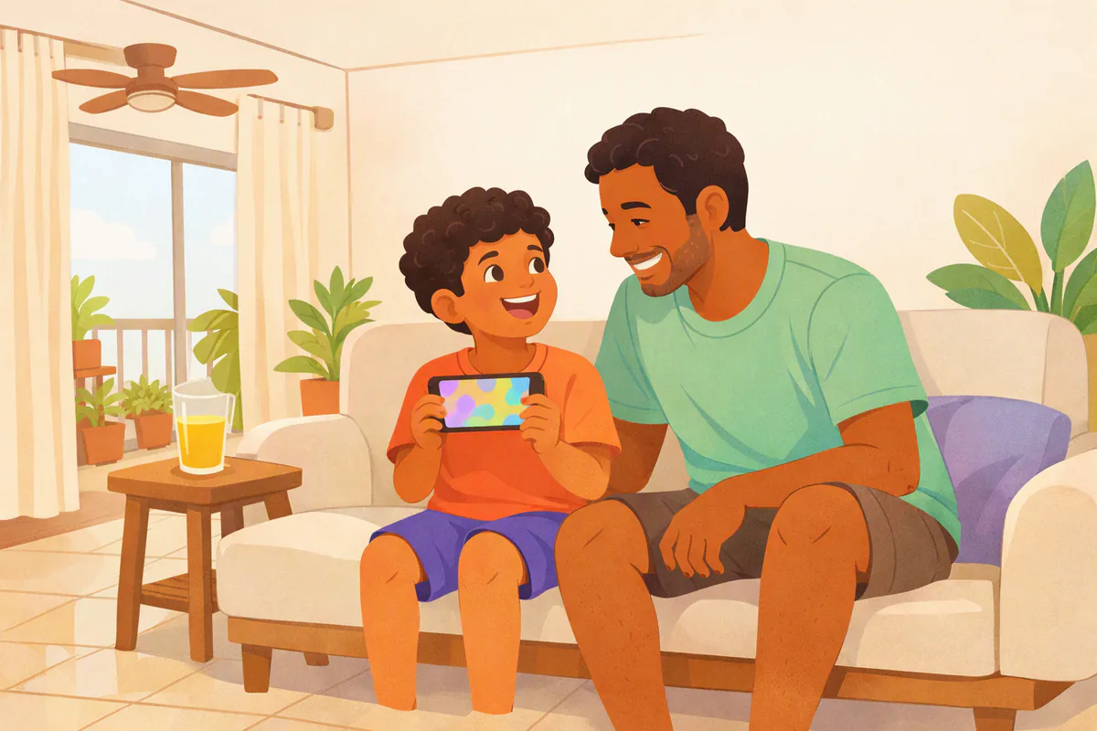 Pai e filho de oito anos sentados lado a lado no sofá, o menino segura um celular e responde em voz alta enquanto o pai acompanha sorrindo
