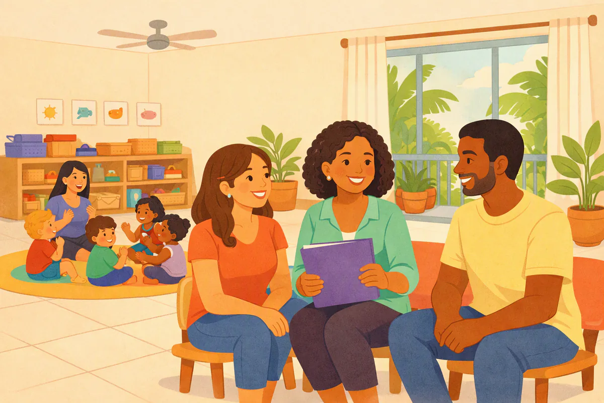 Mãe e pai conversam com a coordenadora numa sala de educação infantil; ao fundo, crianças pequenas cantam em roda com a professora