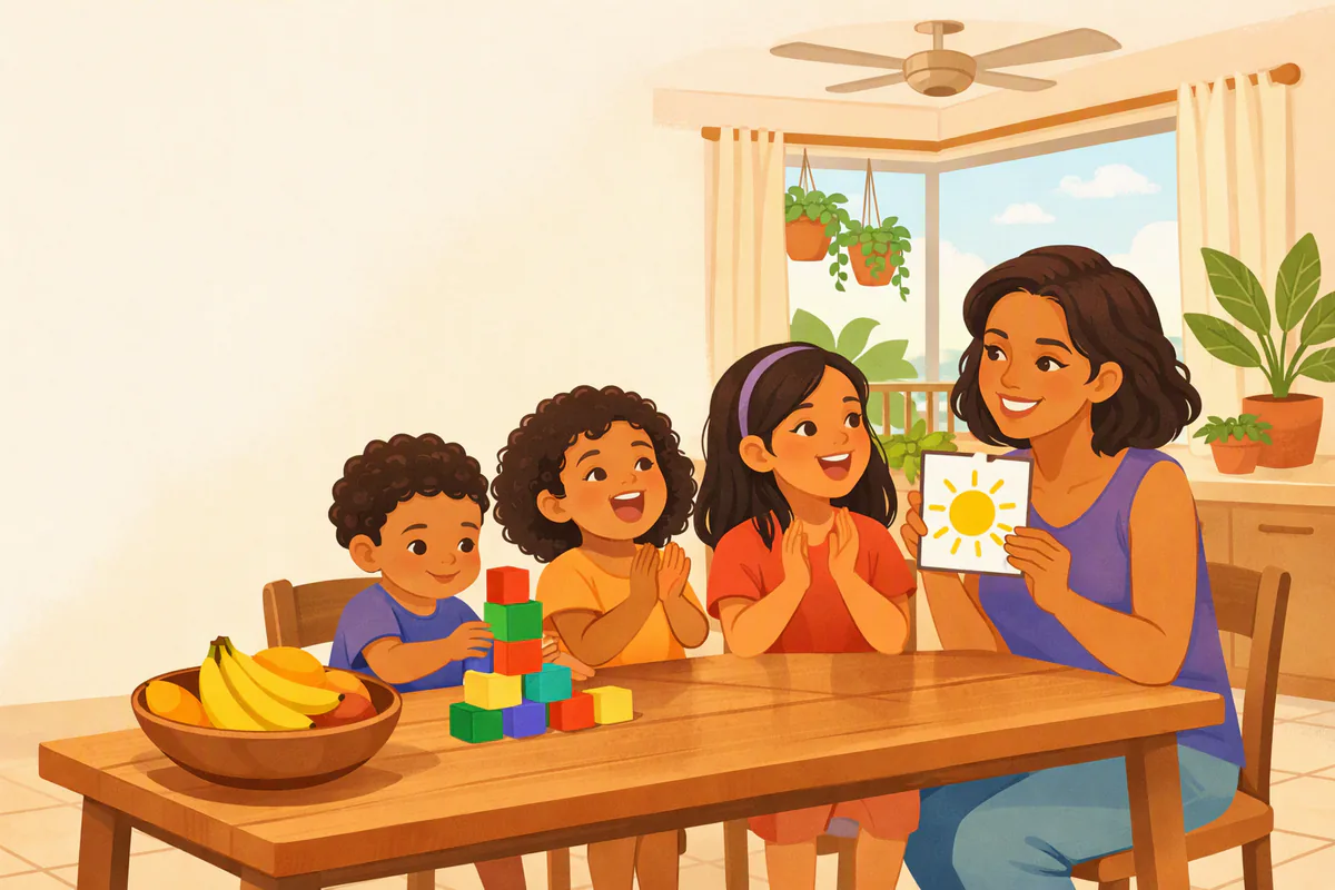 Mãe na mesa da cozinha com três filhos de idades diferentes: o menor empilha blocos coloridos e a mãe mostra um cartão com um sol desenhado
