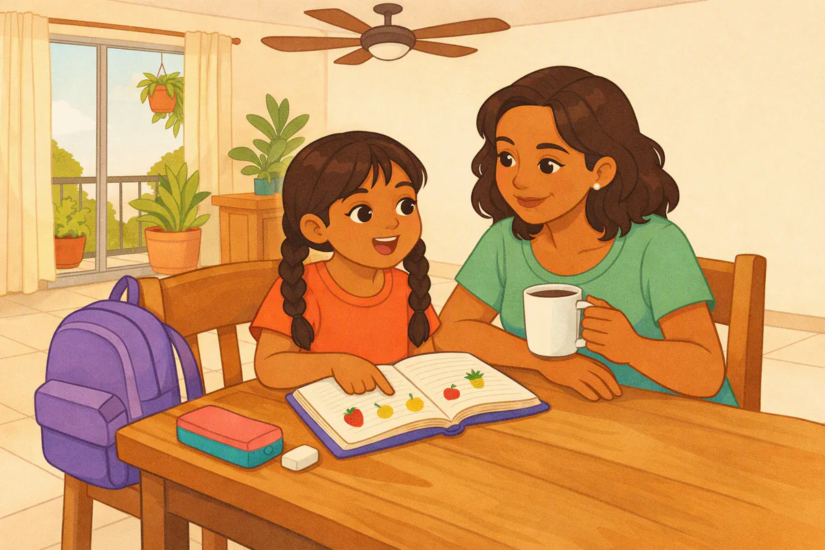 Menina de oito anos faz a lição na mesa da cozinha, apontando para desenhos no caderno, enquanto a mãe escuta