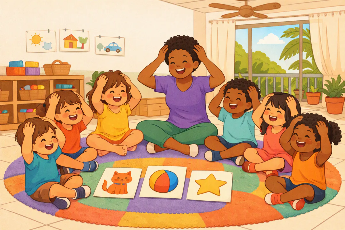 Roda de música na educação infantil: a professora e crianças de 4 e 5 anos sentadas no tapete colocam as mãos na cabeça enquanto cantam