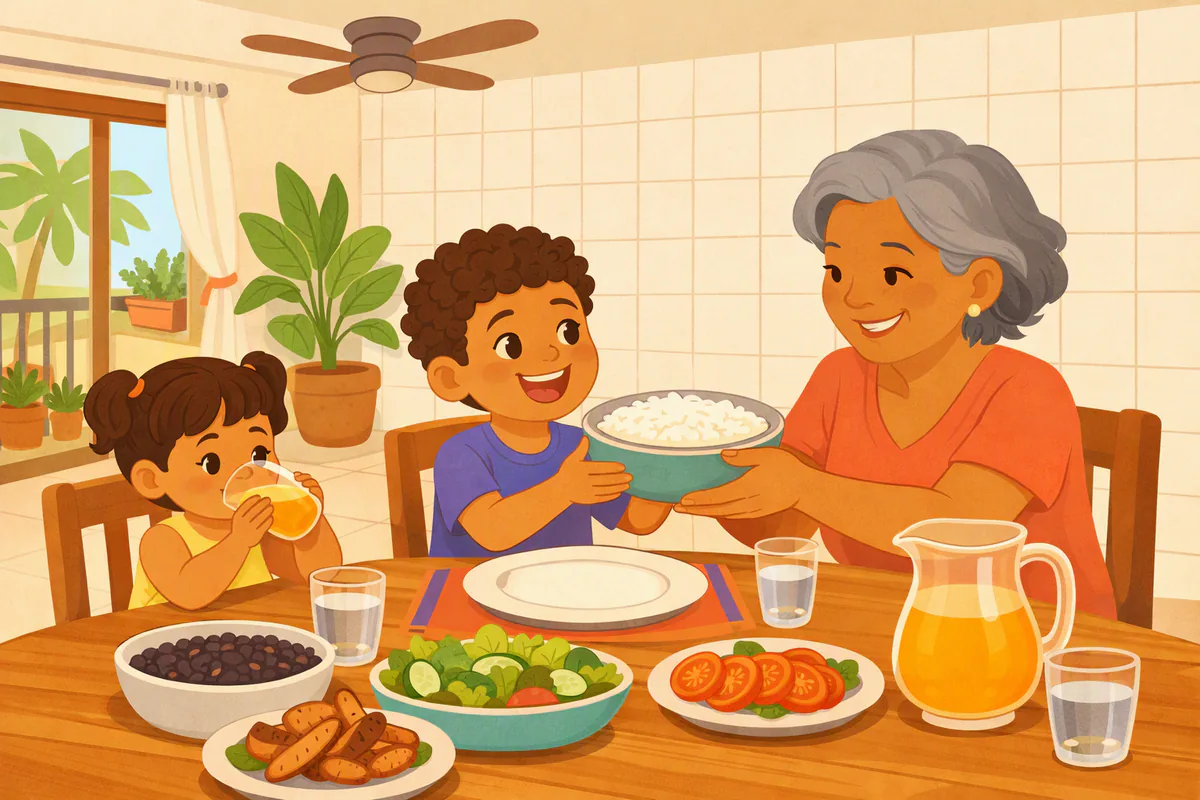 Almoço em família com arroz, feijão, frango, salada e suco: o menino de sete anos estende o prato e pede o arroz para a avó