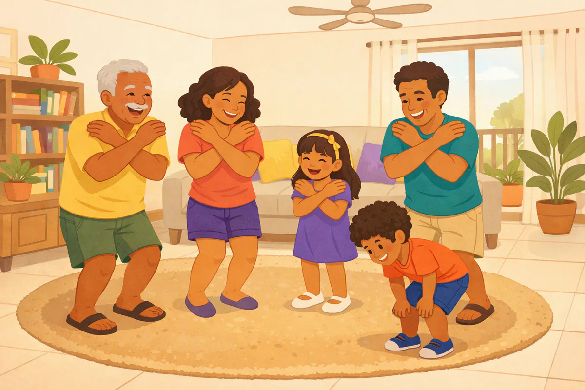 Avô, pai, mãe e duas crianças brincam de música na sala e põem as mãos nos ombros ao mesmo tempo, rindo; o menino menor toca os joelhos
