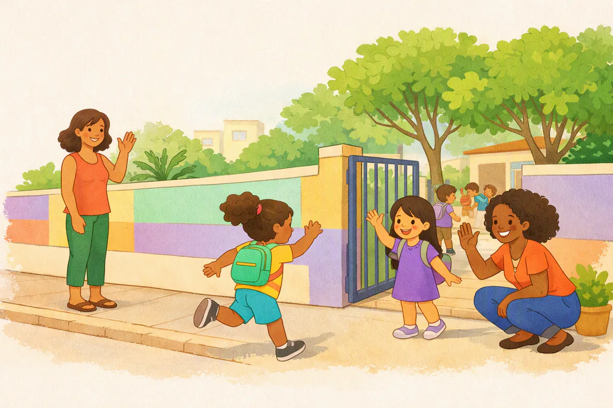 Na porta da escola, uma menina corre para cumprimentar a amiga, a professora acena e uma mãe dá tchau da calçada