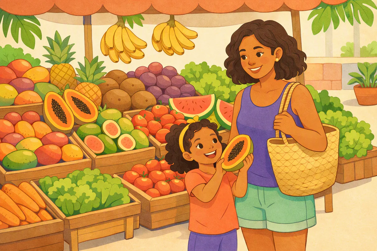 Banca de feira com manga, mamão, abacaxi, banana, maracujá, goiaba, coco, melancia e verduras; uma menina de seis anos levanta um mamão ao lado da mãe