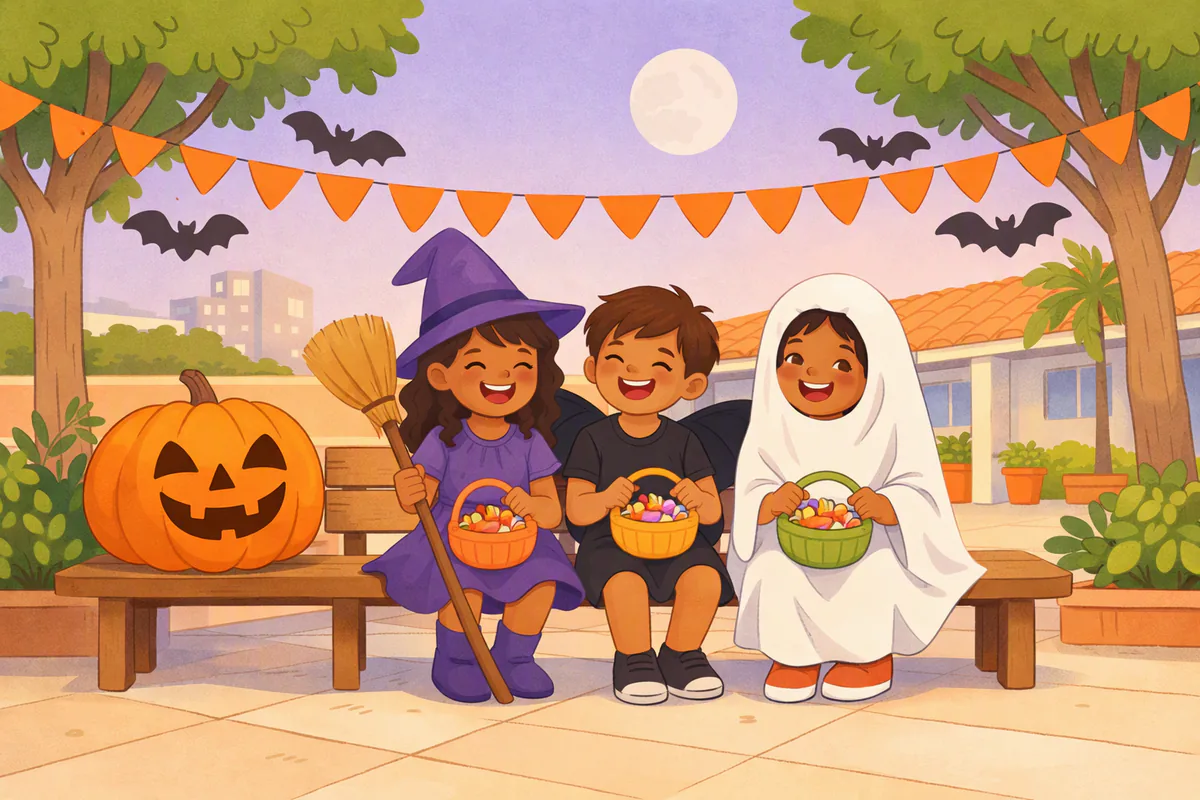 Festa de Halloween no pátio da escola: três crianças fantasiadas de bruxa, morcego e fantasma seguram cestinhas de doces ao lado de uma abóbora sorridente