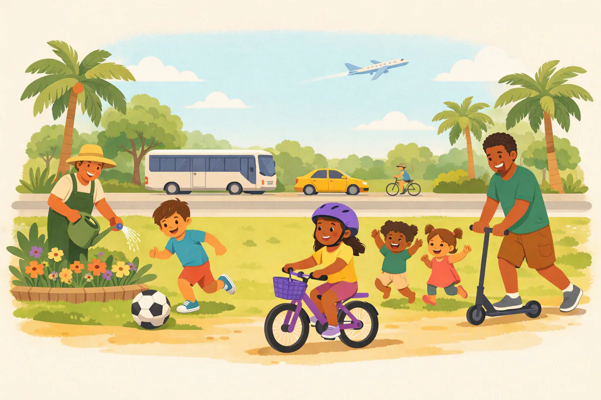 Sábado no parque: menina anda de bicicleta, menino corre atrás da bola; na rua passam ônibus e táxi e um avião cruza o céu