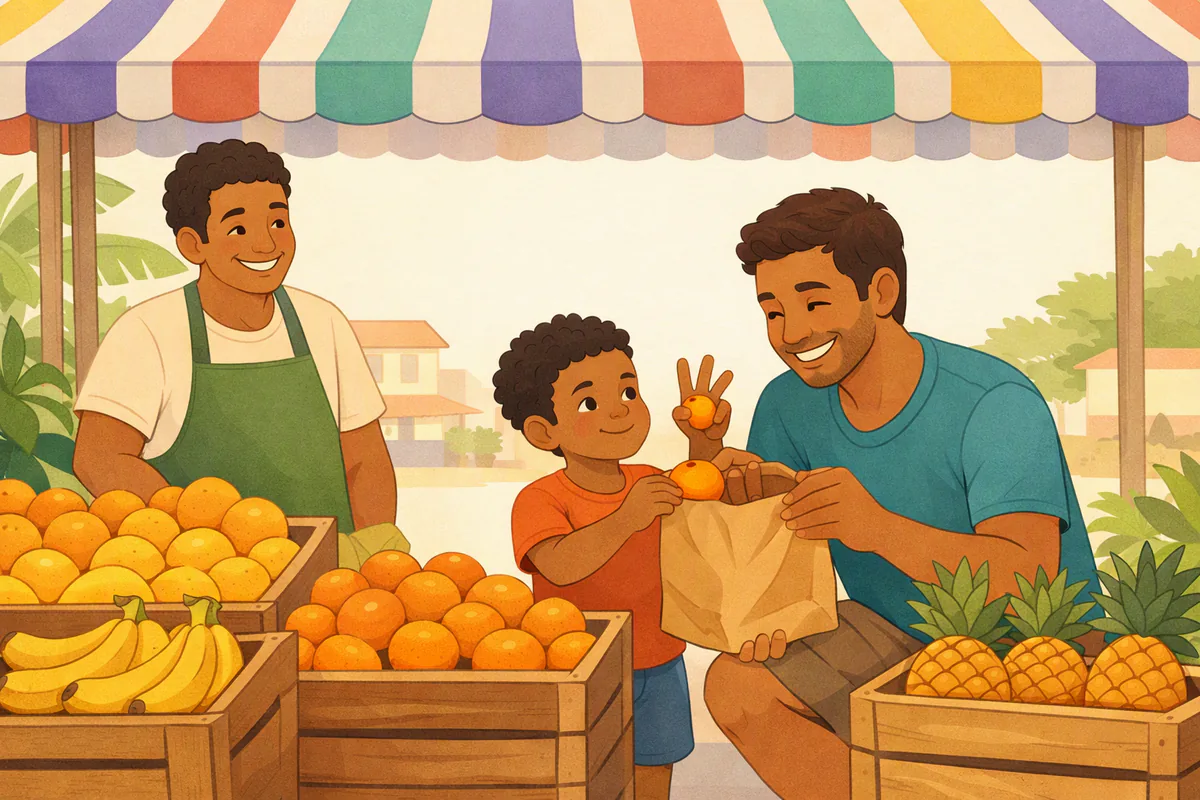 Na feira, menino de sete anos conta laranjas em voz alta enquanto coloca uma a uma no saquinho que o pai segura