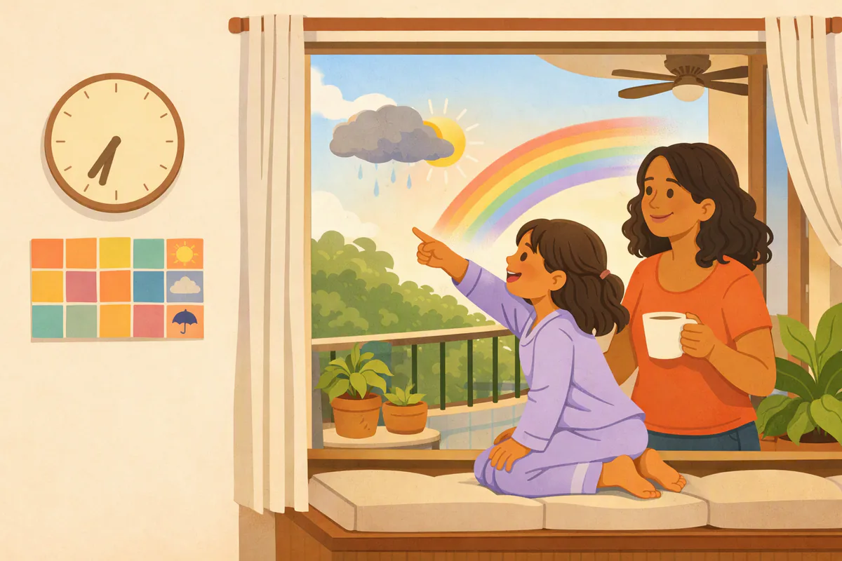 Menina de pijama ajoelhada na janela aponta para o céu com sol, nuvem de chuva e arco-íris; na parede, um relógio e um quadro de rotina com desenhos