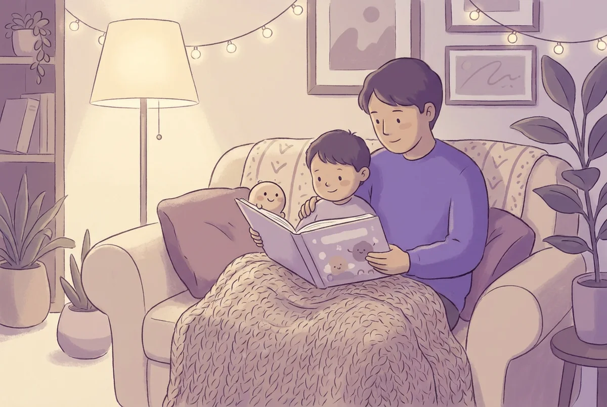 Ребёнок с иллюстрированной книгой на английском языке рядом с родителем на диване