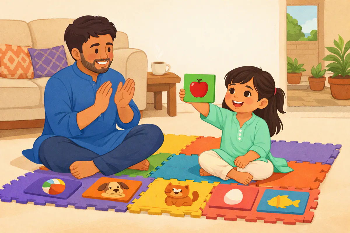 بچی تصویروں والی فوم میٹ پر بیٹھی سیب والا ٹکڑا اٹھا کر ابو کو دکھا رہی ہے اور ابو تالی بجا رہے ہیں