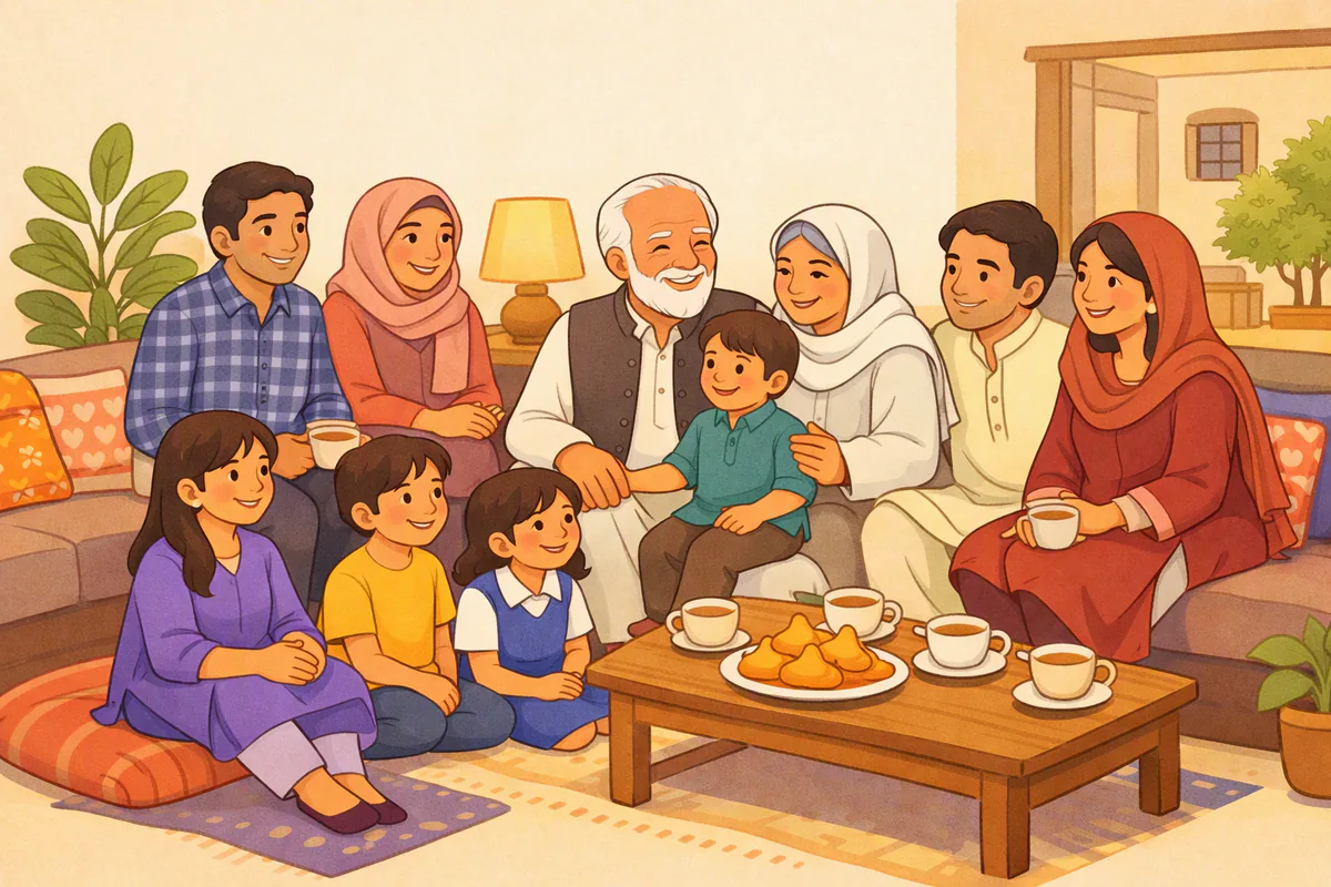 دادا دادی، امی ابو، چچا چچی اور کزن ایک ہی کمرے میں جمع ہیں، چھوٹا بچہ دادا کی گود میں بیٹھا ہے اور میز پر چائے اور سموسے ہیں