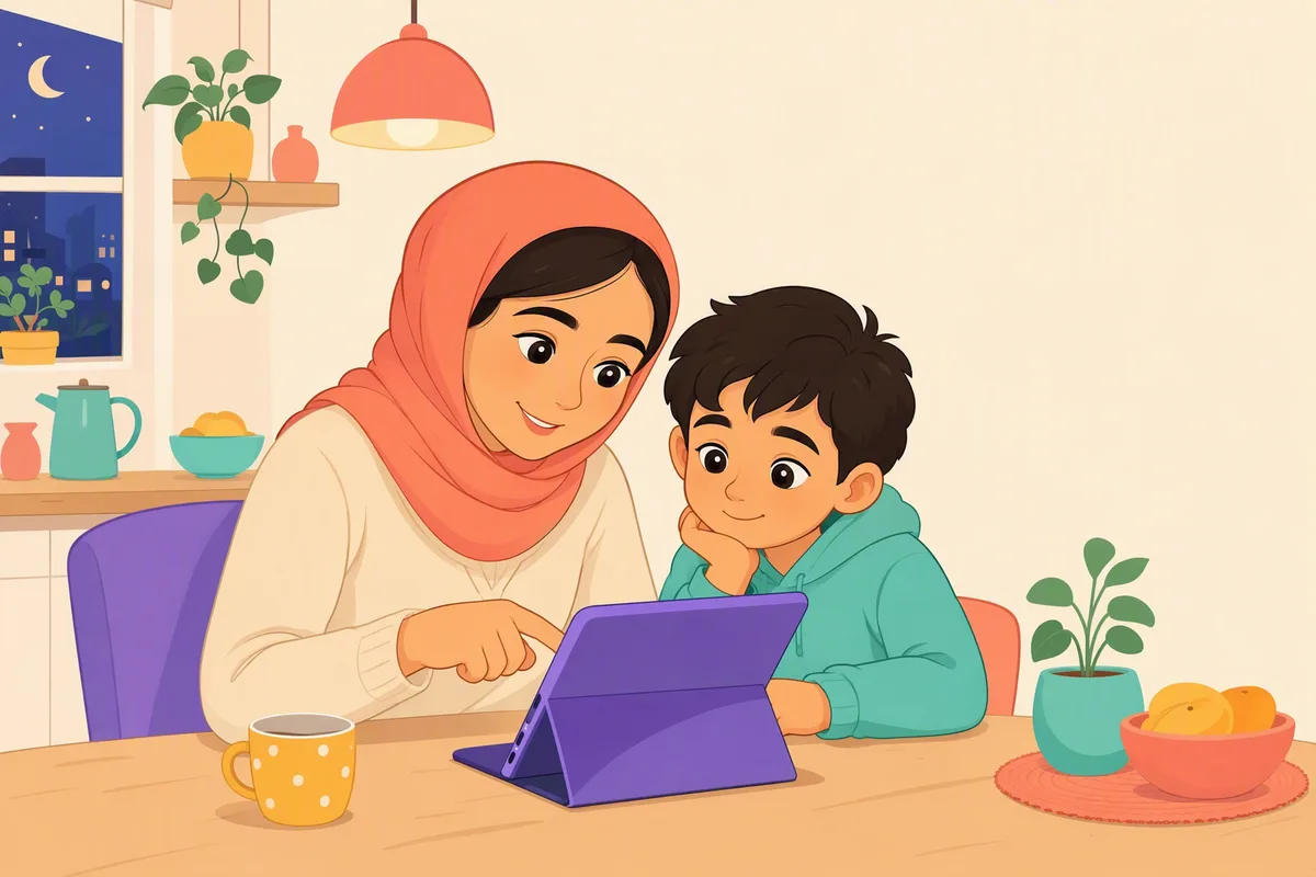 Anne ve oğlu akşam mutfak masasında tabletteki ayarları birlikte gözden geçiriyor, çocuk merakla ekrana bakıyor