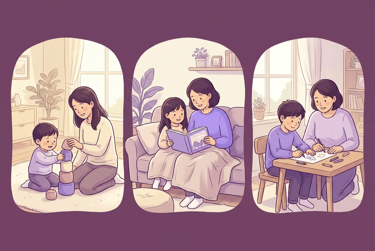 三個不同年齡的孩子並排,一個學齡前孩子指著圖卡,一個小學低年級孩子跟著螢幕重複單字,一個中年級孩子對著平板開口說話,旁邊各有一位家長陪伴