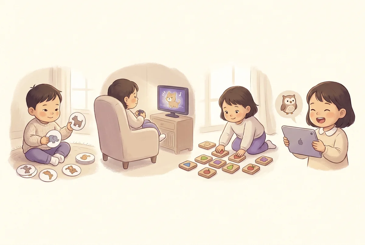 四個並排的小場景:一個孩子看著單字卡,一個孩子看著螢幕裡的卡通動物,一個孩子玩圖片配對遊戲,一個孩子對著平板開心說話,平板裡有一隻卡通貓頭鷹回應他