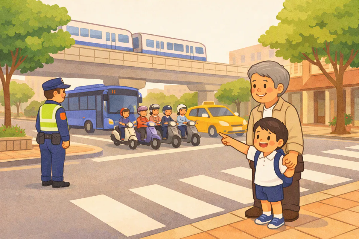 放學後男孩牽著爺爺等紅綠燈,指著路口的機車、公車、計程車和高架捷運