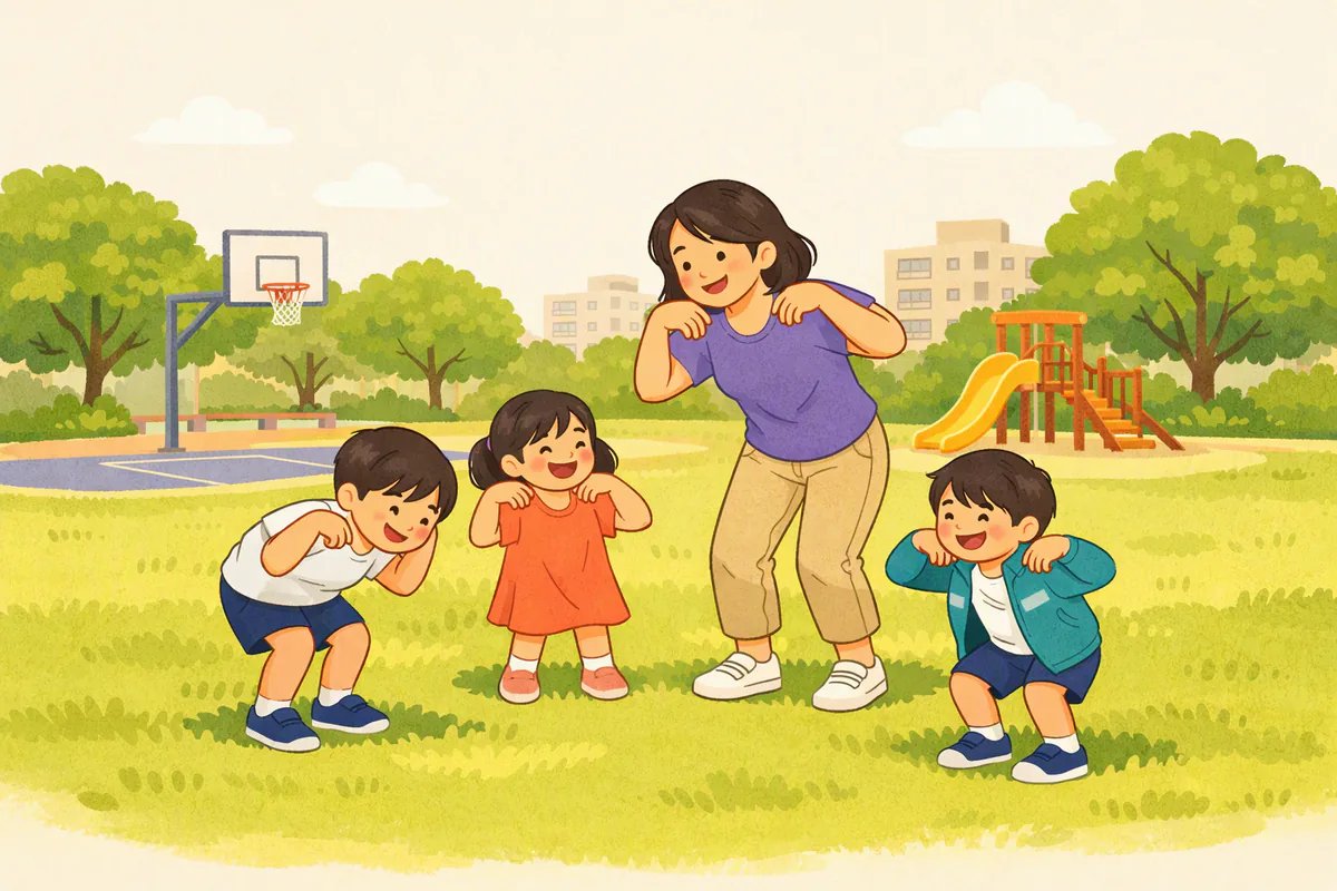 公園草地上,三個孩子跟著媽媽玩摸肩膀、摸膝蓋的動作遊戲