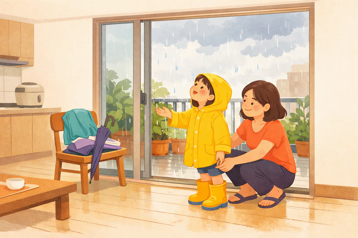 下雨天,穿黃色雨衣的女孩站在陽台門口伸手接雨,媽媽幫她穿雨鞋