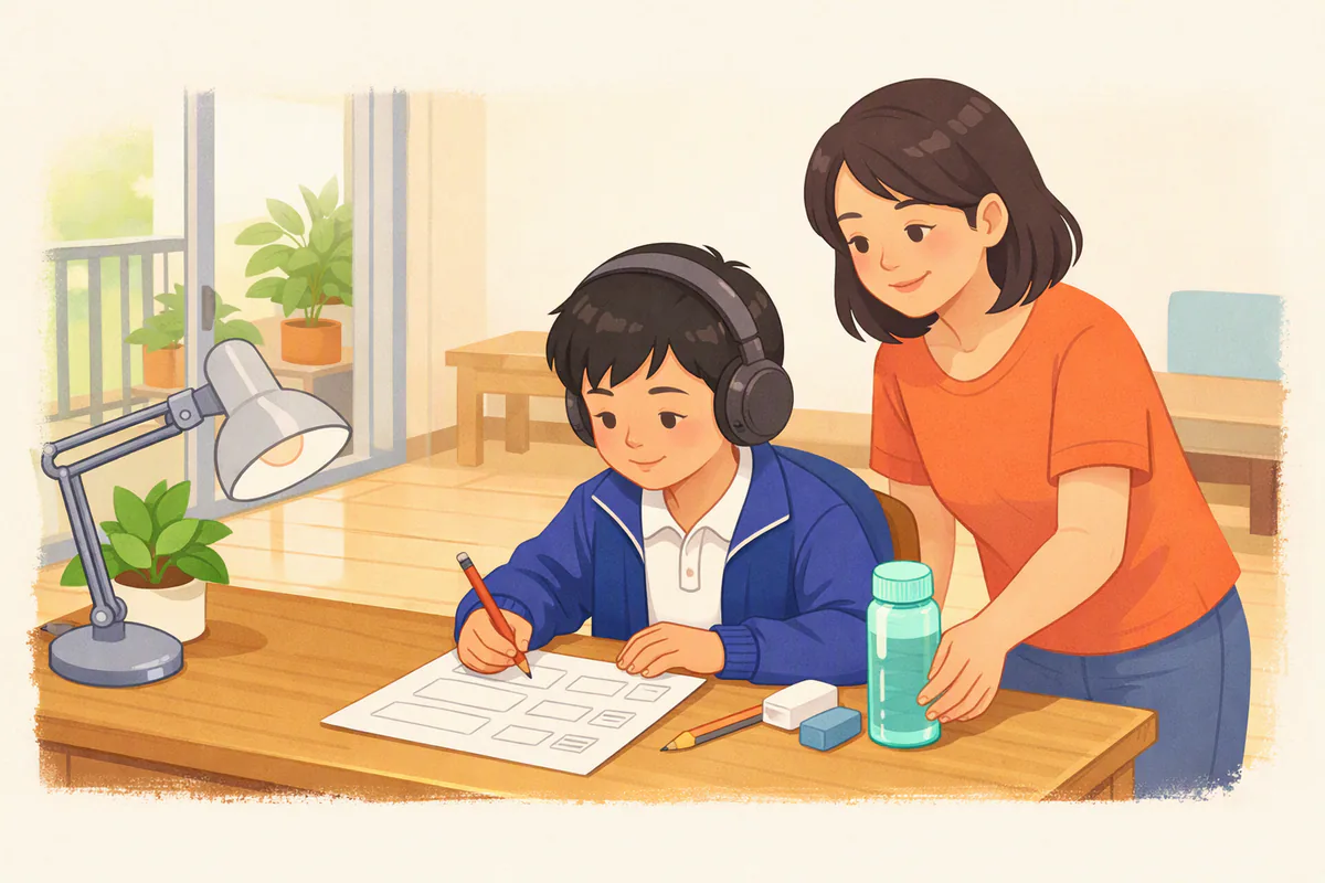 國小男孩坐在書桌前戴著耳機做聽力練習，媽媽在旁邊幫他準備鉛筆和水壺