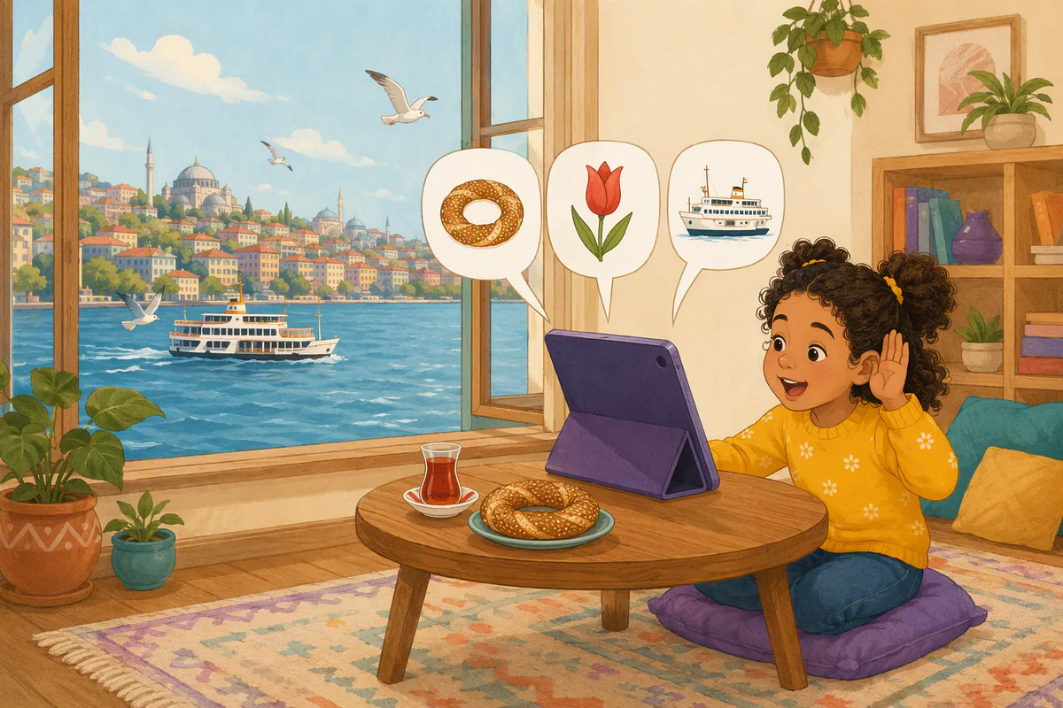 A girl talking to a tablet; through the window a blue strait with a ferry and colourful hillside houses