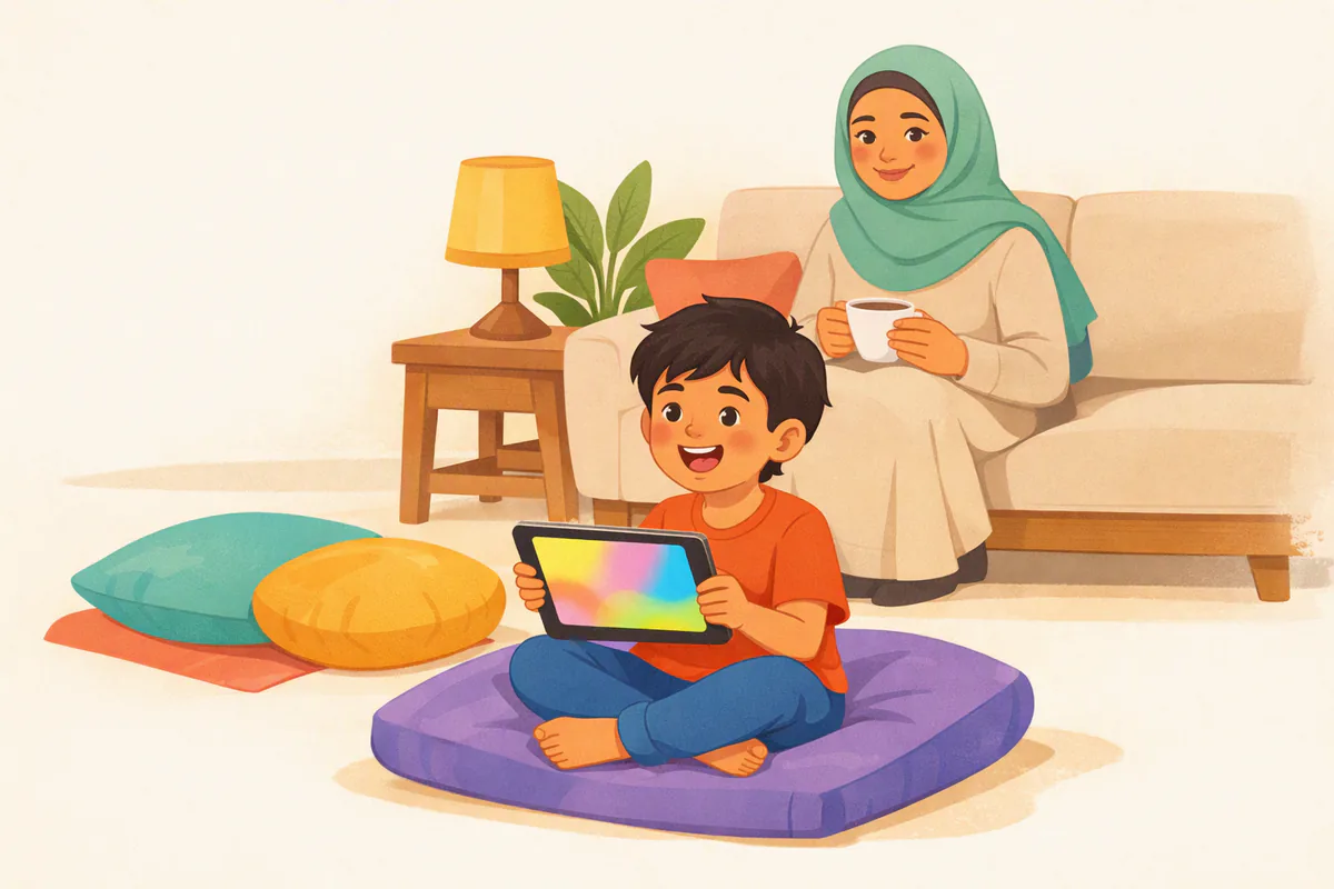 طفل يتحدث بسعادة إلى جهاز لوحي وهو جالس على وسادة، وأمه بحجاب أخضر تجلس خلفه على الأريكة وتستمع مبتسمة